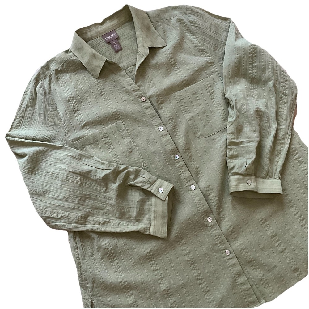 Chicos Crinkle Blouse Size 3 L Green Long Roll Tab Sleeve Button Front Shirt